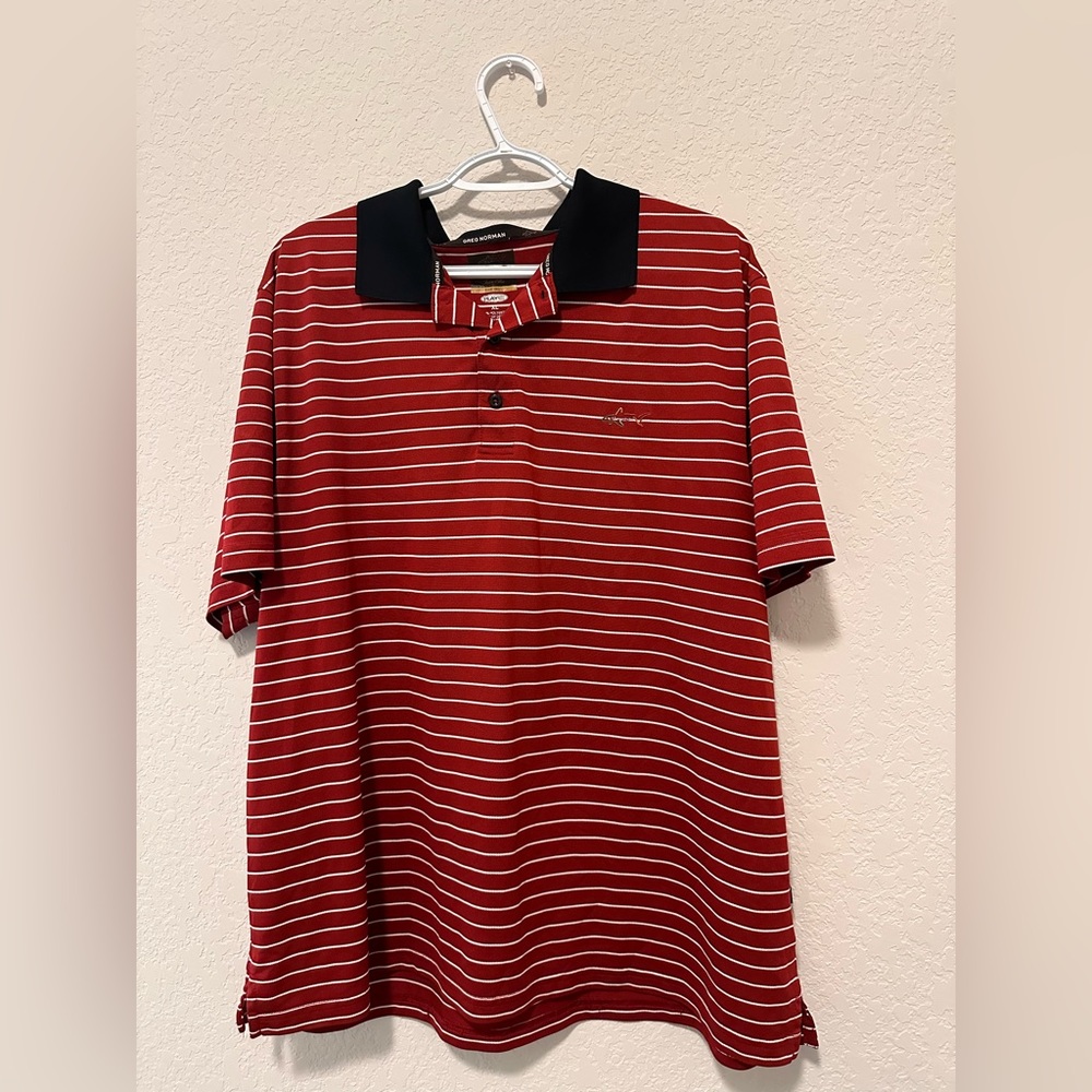 Greg Norman Mens Golf Polo Shirt Red Striped Short Sleeve Button Collared XL